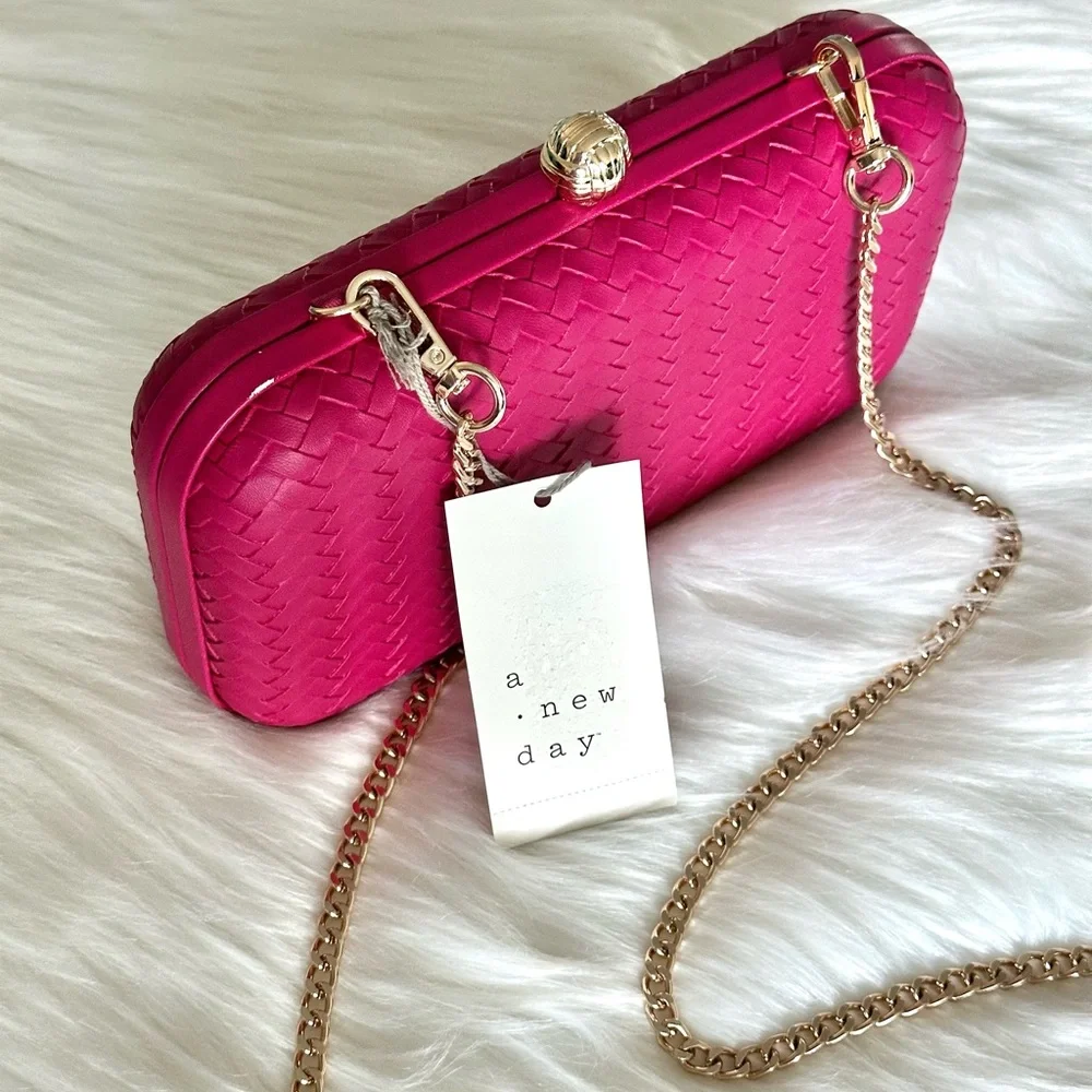 NWT A New Day Woven Minaudière Clutch Crossbody Elegant Hot Pink Bag